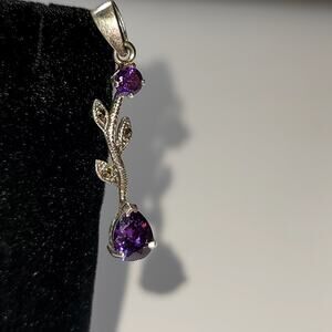 Sterling Silver Vine Pendant with Purple Glass Rhinestones & Marcasites